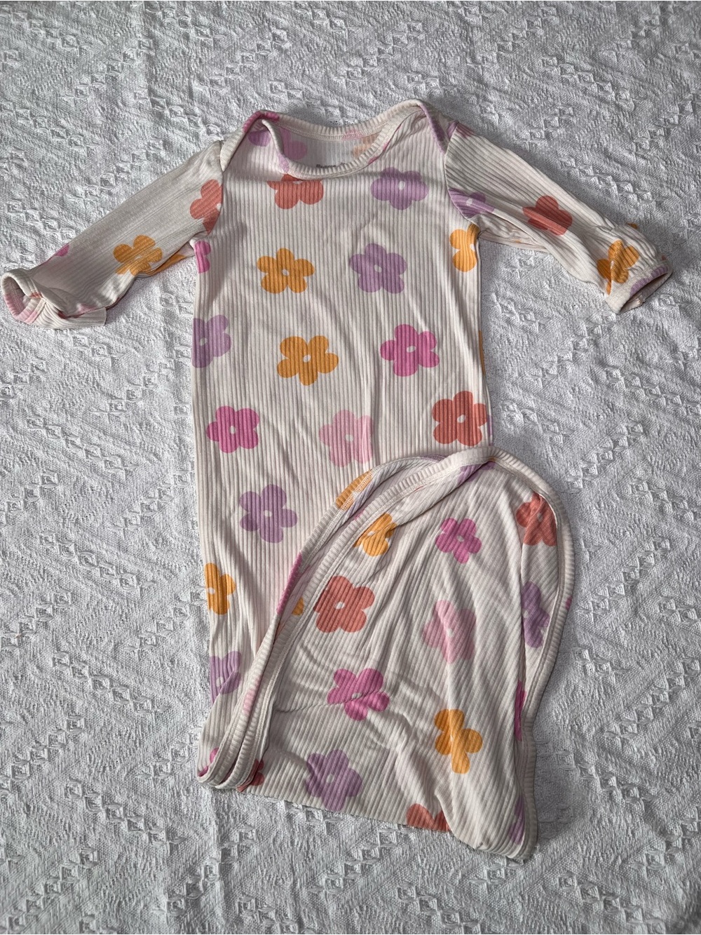Floral Ribbed Long Sleeve Baby Gown - Cream with Pink, Purple & Orange Flowers